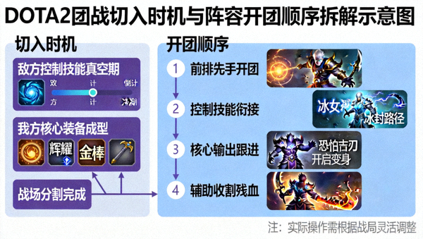 DOTA2 团战切入时机与阵容开团顺序拆解示意图