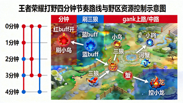 王者荣耀打野四分钟节奏路线与野区资源控制示意图